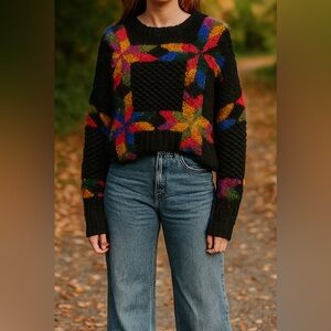 Vintage Knitting needles Hand Knit Quilt Pattern Fuzzy Crewneck sweater size M